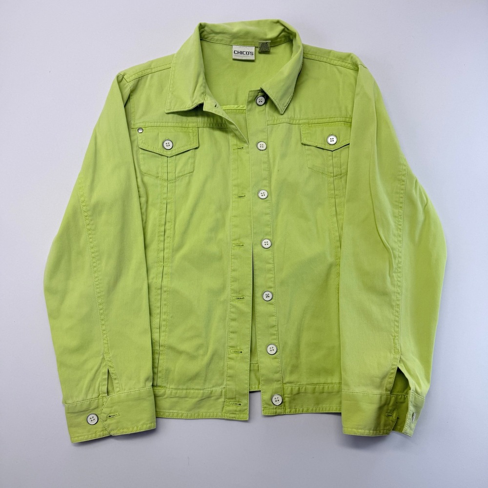Chicos Lime Green Button Front Ribbed Stretch Jacket Size 3 Large XL
